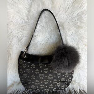 Vintage Mcm Black and Gray Logo Shoulder Bag with Fur Pom